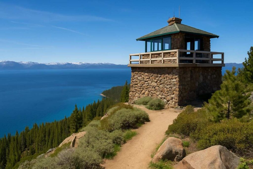 Scenic view along the Statline Fire Lockout near Lake Tahoe, featuring natural terrain, lush forest, lake views, and hikers enjoying the picturesque landscape in realistic lighting.