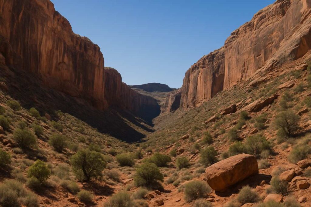 A scenic view along the Syncline Loop Trail in Canyonlands National Park, showcasing rugged red rock formations, desert vegetation, and the vast natural beauty of the American Southwest under a clear blue sky.