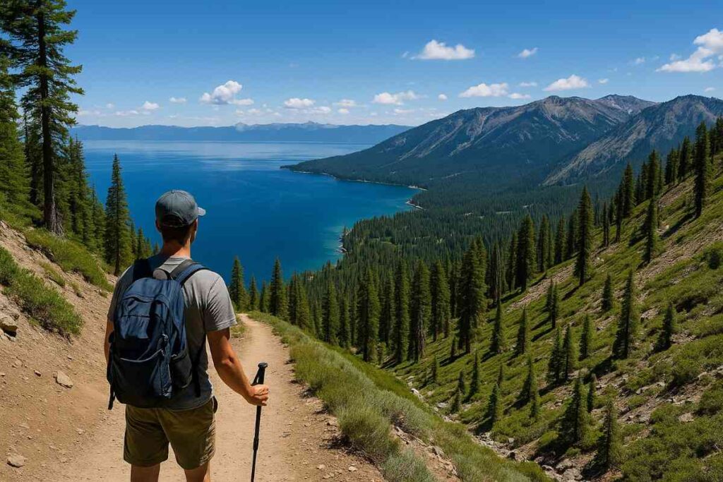 Scenic view along the Tahoe Rim Trail near Lake Tahoe, featuring natural terrain, lush forest, lake views, and hikers enjoying the picturesque landscape in realistic lighting.