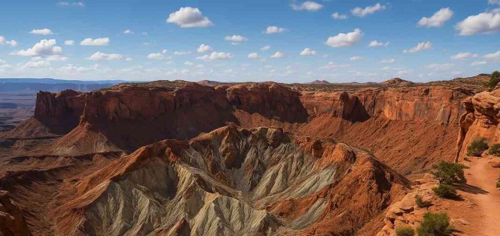 A scenic view along the Upheaval Dome Overlook Trail in Canyonlands National Park, showcasing rugged red rock formations, desert vegetation, and the vast natural beauty of the American Southwest under a clear blue sky.