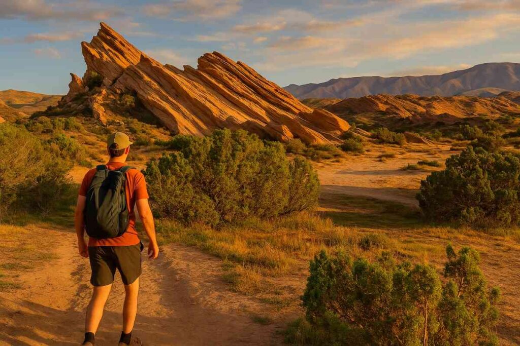 A scenic photograph of a hiker exploring the rugged terrain along the Vasquez Rocks, surrounded by natural beauty, clear skies, and dramatic landscapes.