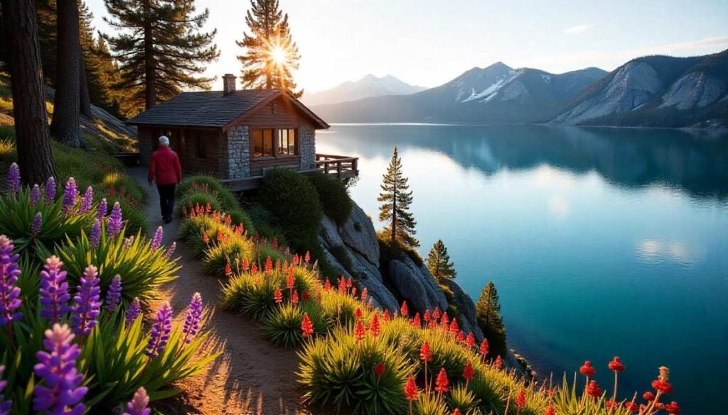 Scenic view along the Vikingsholm Trail near Lake Tahoe, featuring natural terrain, lush forest, lake views, and hikers enjoying the picturesque landscape in realistic lighting.