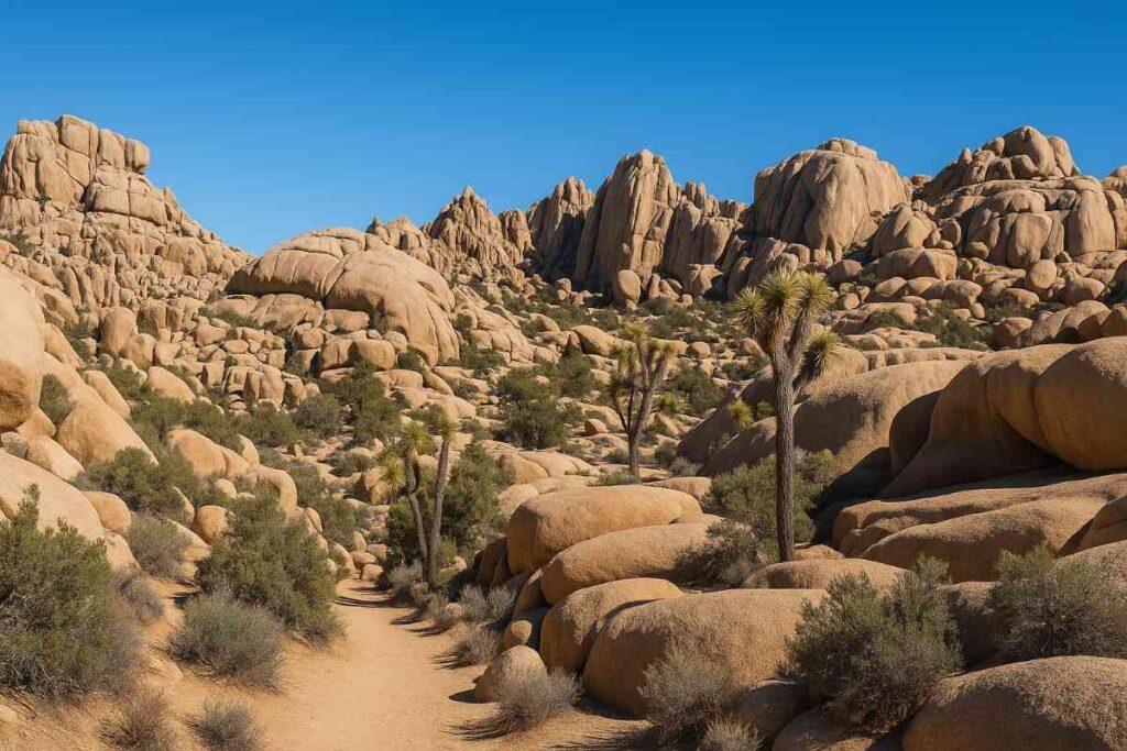 Hiker weaving through the Wonderland of Rocks Hike in Joshua Tree National Park, surrounded by towering monzogranite boulders and hidden chambers.
