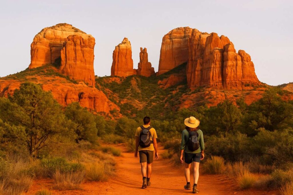 Hikers with headlamps at dusk on Airport Loop overlook watching Sedona lights under twilight sky.