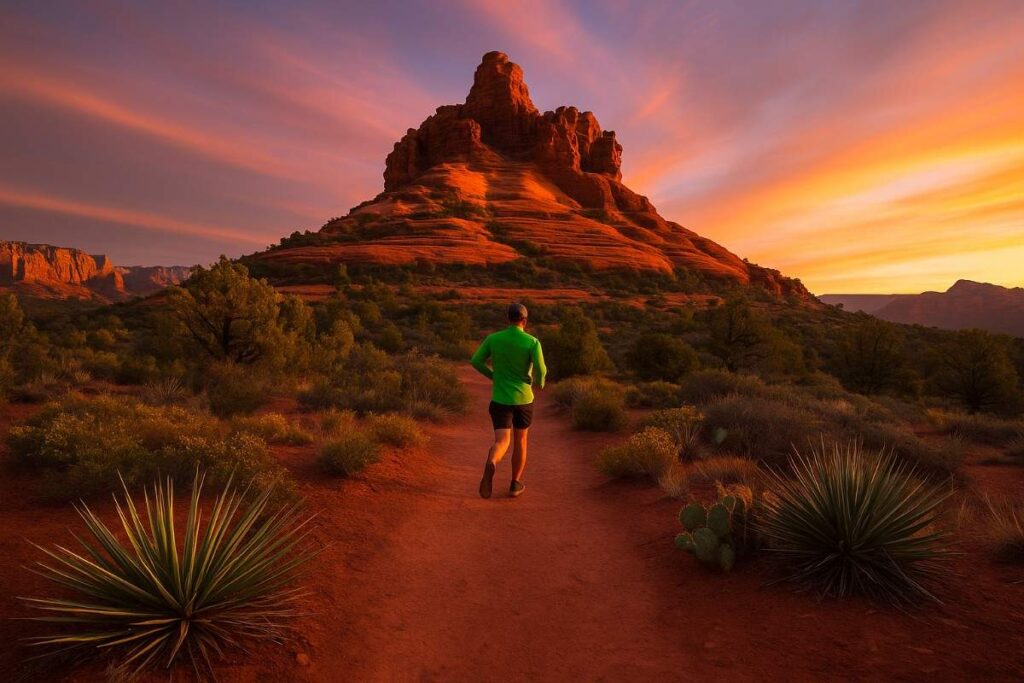 Runner on Bell Rock Loop at sunset with glowing red dome and desert flora in Sedona.