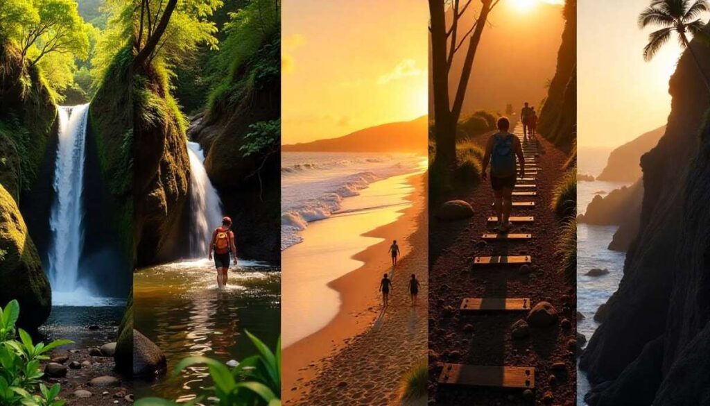 Collage of Oahu’s best waterfall, beach, summit, family‑friendly, and extreme hikes in realistic panels.

