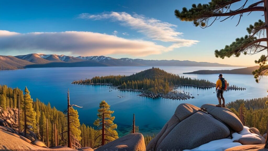 Hiker standing at a cliff and enjoying the best hikes in Lake Tahoe.