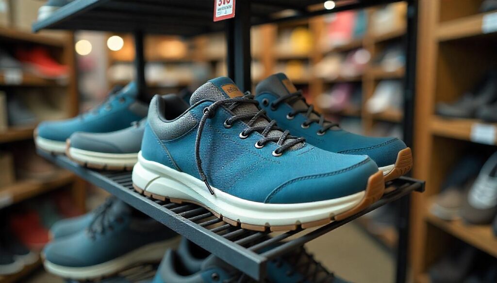 Value hiking shoes on retail shelf with price tags under $100.