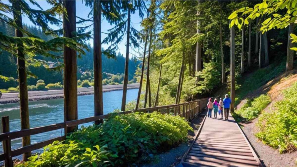 A scenic view along the Carkeek Park in Seattle Washington, showcasing rugged red rock formations, desert vegetation, and the vast natural beauty of the American Southwest under a clear blue sky.