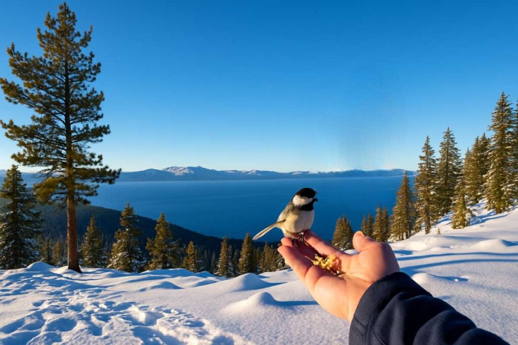 Scenic view along the Chickadee Ridge near Lake Tahoe, featuring natural terrain, lush forest, lake views, and hikers enjoying the picturesque landscape in realistic lighting.