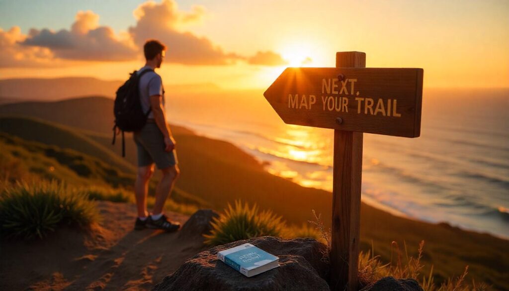 Hiker at sunset beside a “Next: Map Your Trail” signpost overlooking ocean and volcano ridges on Oahu.
