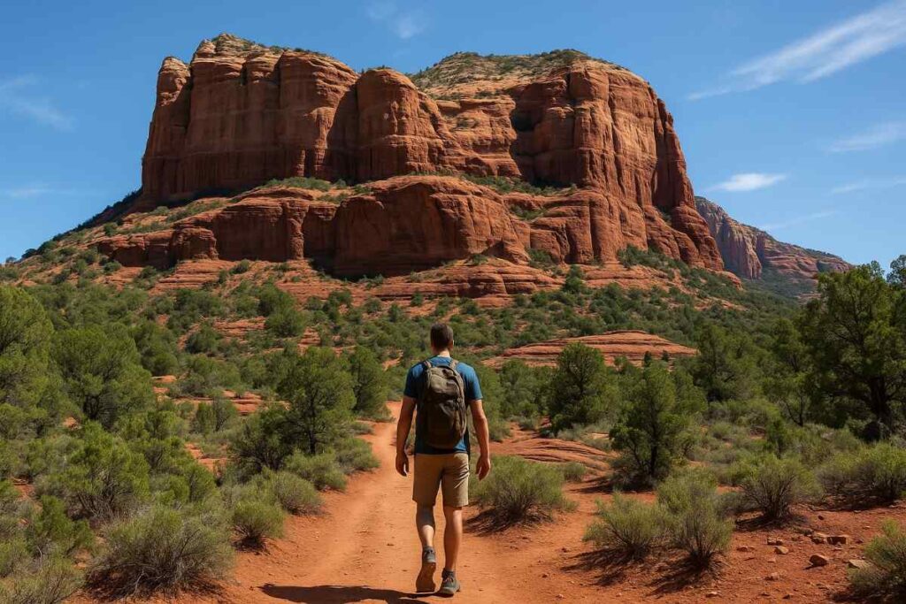 Hikers on Courthouse Loop South with Cathedral Rock and Butte spire under clear blue sky in Sedona.