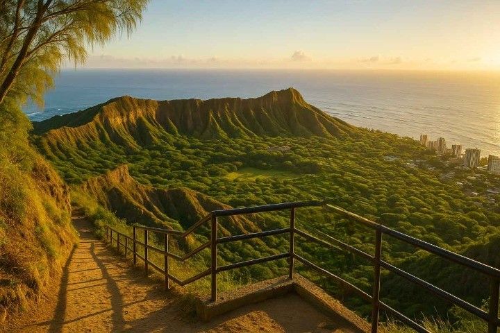 Hiker at Diamond Head summit at sunrise with volcanic crater rim and Pacific Ocean view