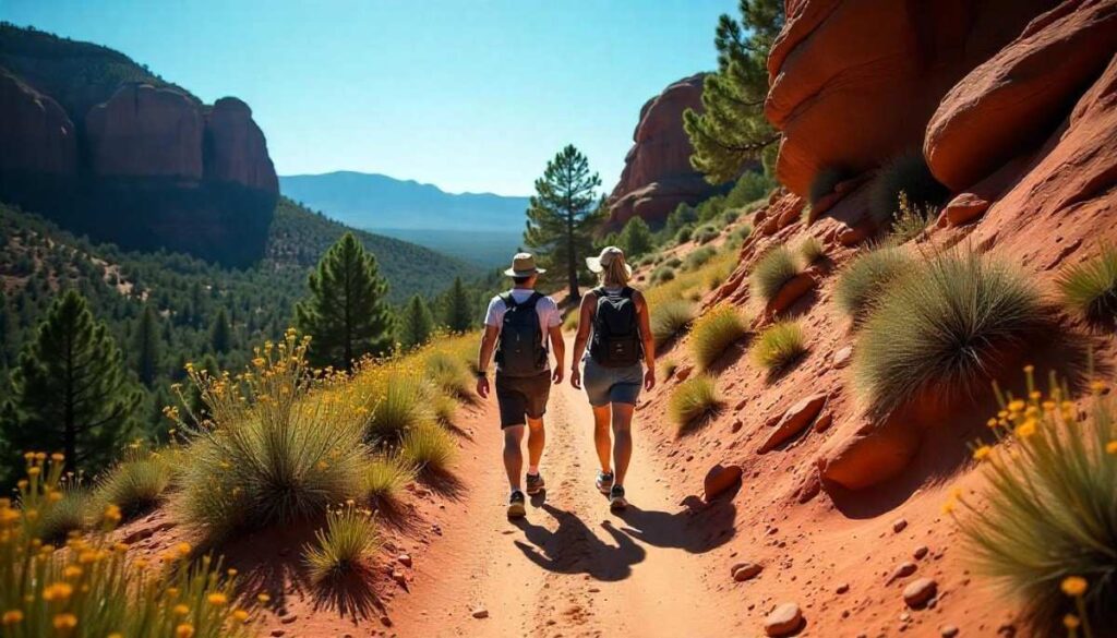 Casual hikers on a short, easy Sedona trail with red rock formations and juniper under blue sky.
