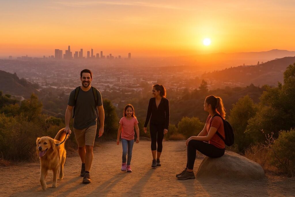 Family hiking with their kids and dog showing the experience based hiking in Los Angles.