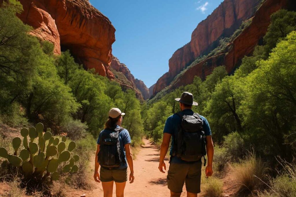 Family standing under a sandstone arch on Fay Canyon Trail surrounded by pinyons and cacti.