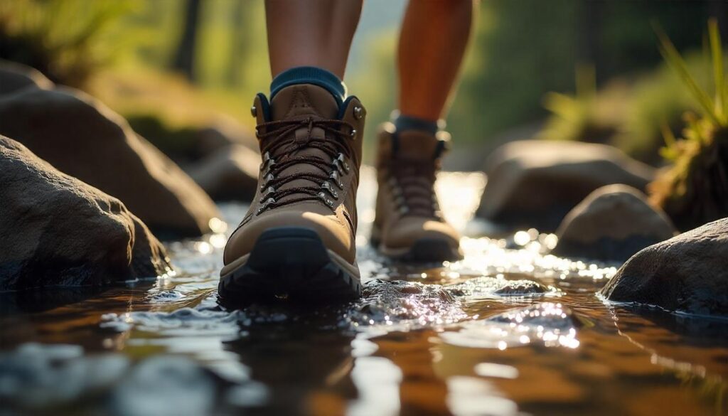Hiker stepping from rocks into stream wearing hiking footwear.