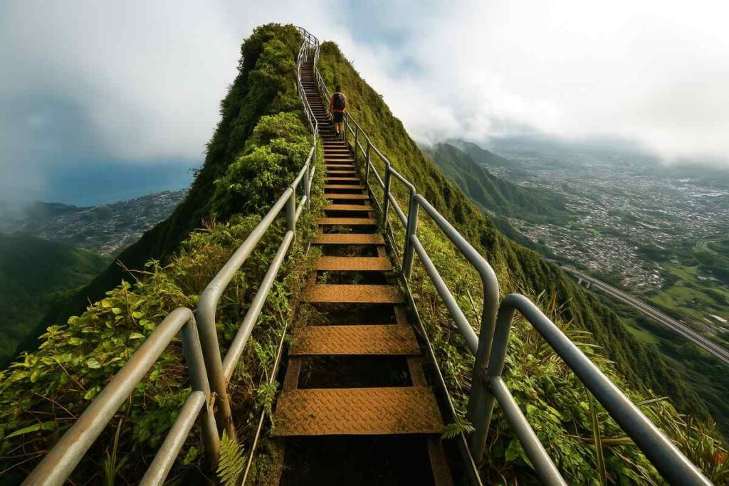 Adventurous hiker on Haiku Stairs ‘Stairway to Heaven’ above clouds and ridge