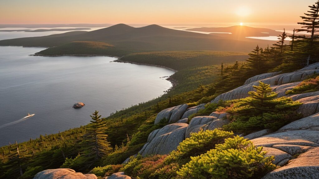 Sunrise over Cadillac Mountain and pine forests showcasing the best hikes in Acadia National Park