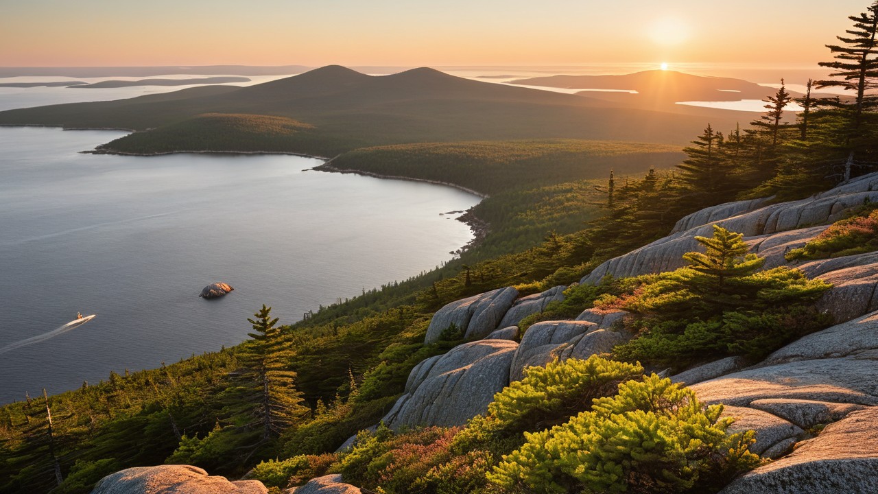 Sunrise over Cadillac Mountain and pine forests showcasing the best hikes in Acadia National Park