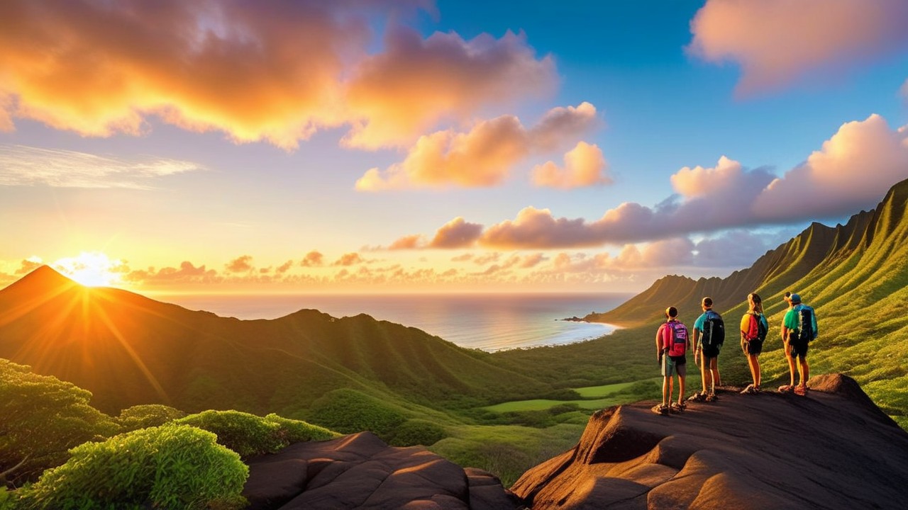 Hikers stand at sunrise on an Oahu volcanic ridge overlooking Diamond Head, emerald valleys, and turquoise coastline, showcasing the best hikes in Oahu.