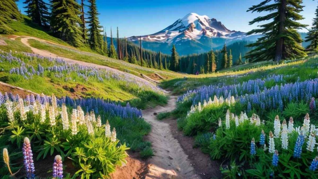 Mount Rainier in the background, surrounded by wildflowers and towering evergreens present the iconic view of best hikes near Seattle.