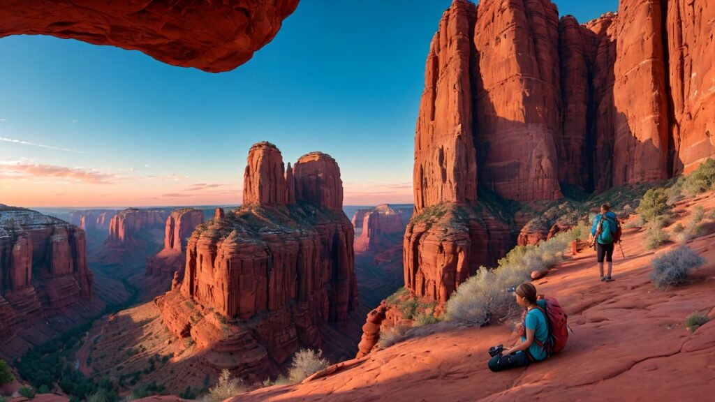 Hiker on one of the Best Hikes in Sedona at sunrise on a red sandstone ledge overlooking Cathedral Rock, Bell Rock, and Boynton Canyon in Sedona, AZ.