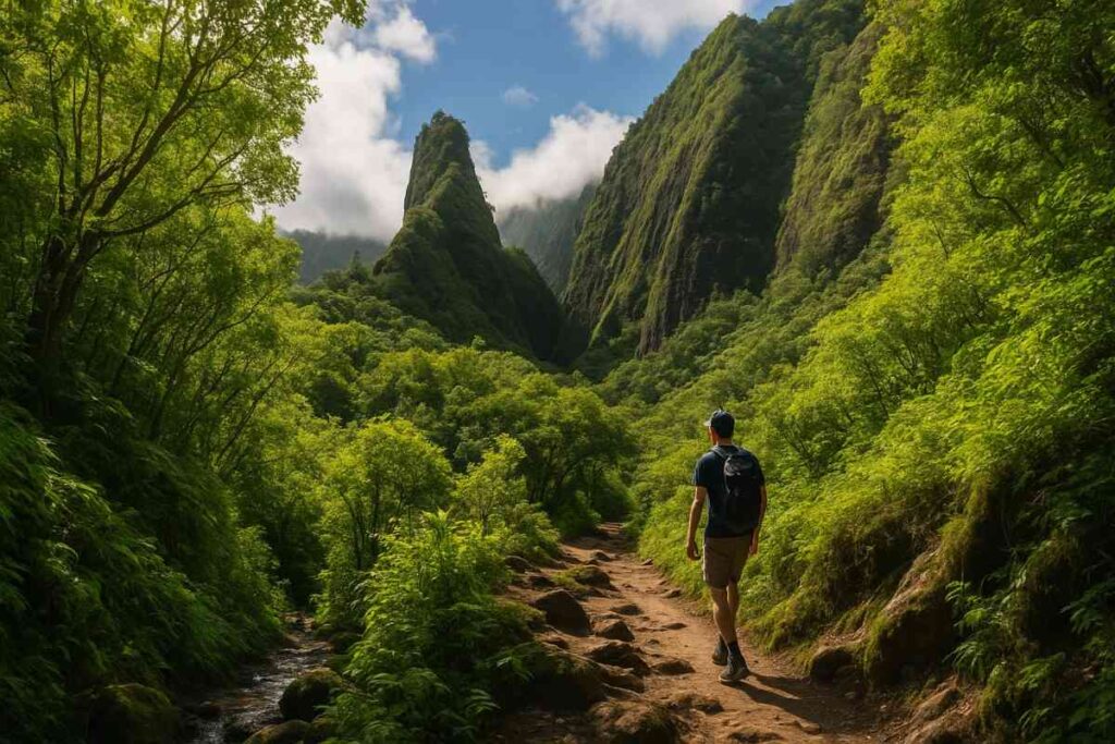 Hiker on lush trail in ʻĪao Valley looking up at the towering ʻĪao Needle shrouded in mist.
