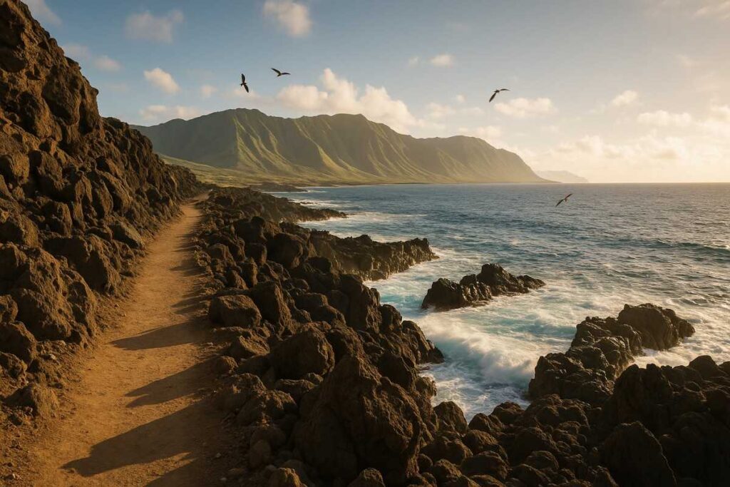 Couple walking the sandy Kaʻena Point Trail toward a natural lava arch and seals
