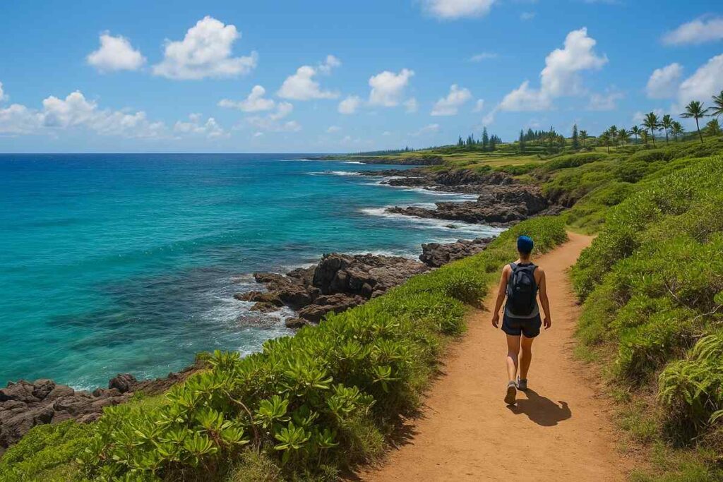 Couple walking on Kapalua Coastal Trail boardwalk at golden hour, cliffs and ocean in background.