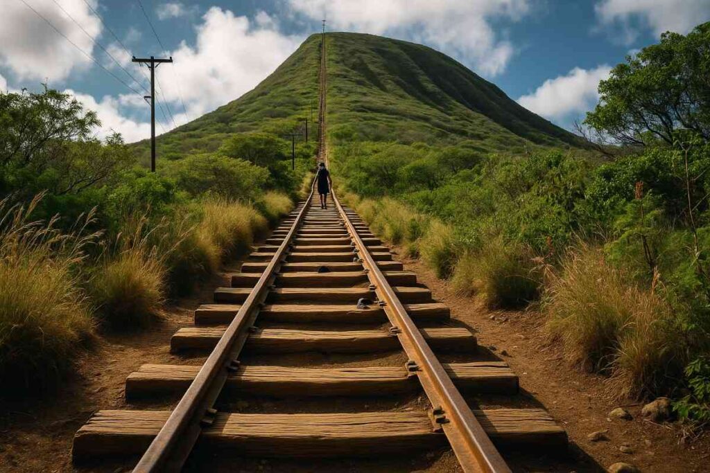 Hiker climbing the steep railroad-tie steps of Koko Head with ocean vista below
