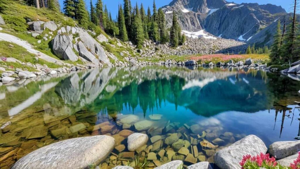 A scenic view along the Lake 22 in Seattle Washington, showcasing rugged red rock formations, desert vegetation, and the vast natural beauty of the American Southwest under a clear blue sky.