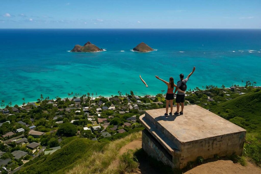 Couple at Lanikai Pillbox trail overlooking turquoise Mokulua Islands and beach below