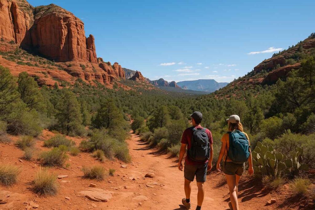 Hikers at dawn on Little Horse Trail overlooking a pink-lit valley and red rock buttes in Sedona.
