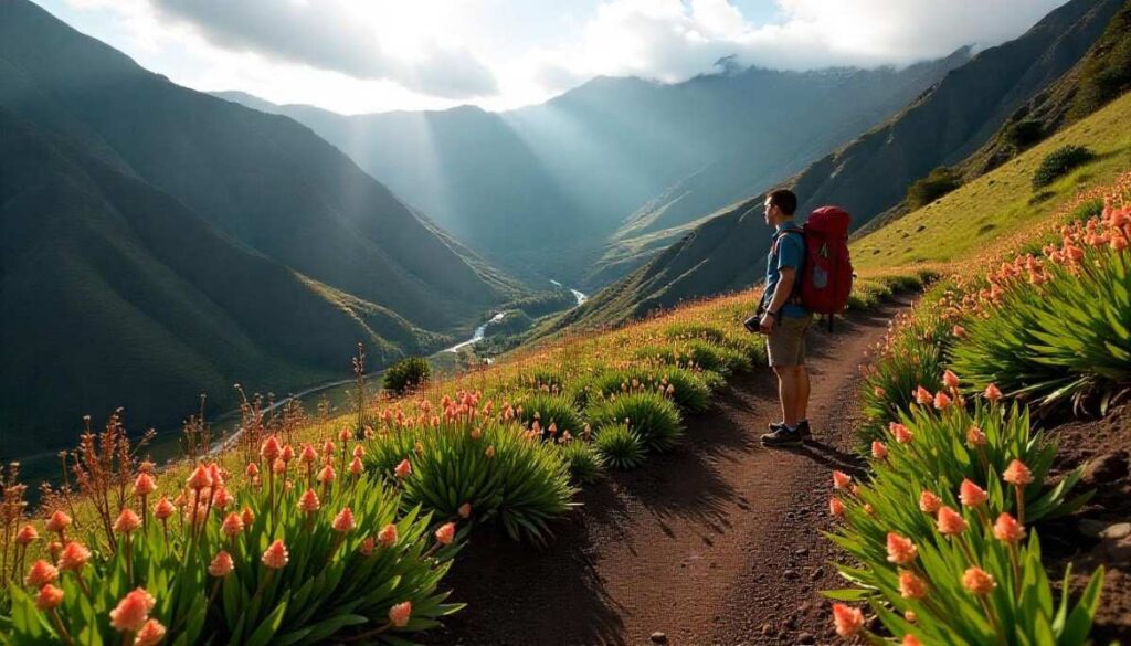 Hiker photographing wild ginger blooms along Mahana Ridge Trail valley.