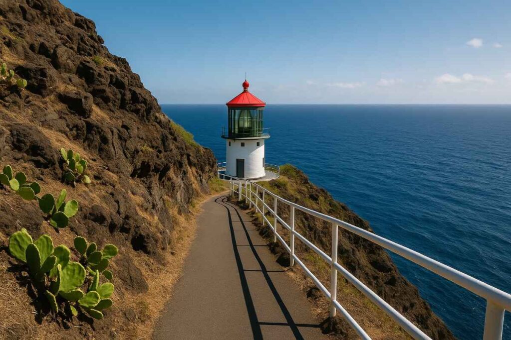 Makapuʻu Lighthouse on coastal cliffs with hikers and wildflowers at sunrise