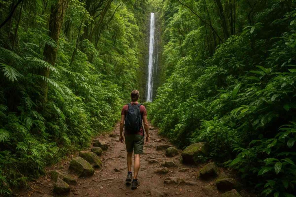 Misty Manoa Falls waterfall deep in lush Hawaiian rainforest