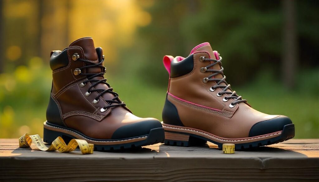 Men’s and women’s hiking boots side by side with tape measures on a wooden plank highlighting anatomical fit and sizing differences.