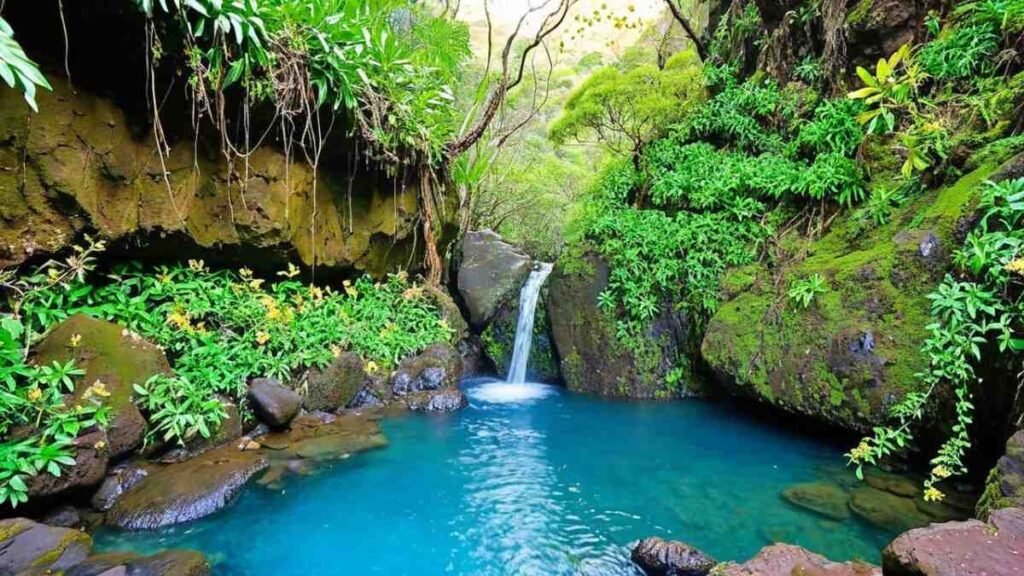 Friends at hidden waterfall pool on Moanalua Valley Trail surrounded by lava cliffs