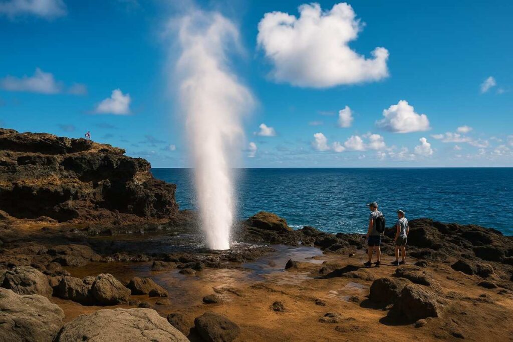 Nakalele Blowhole erupting water against basalt cliffs under bright sun.