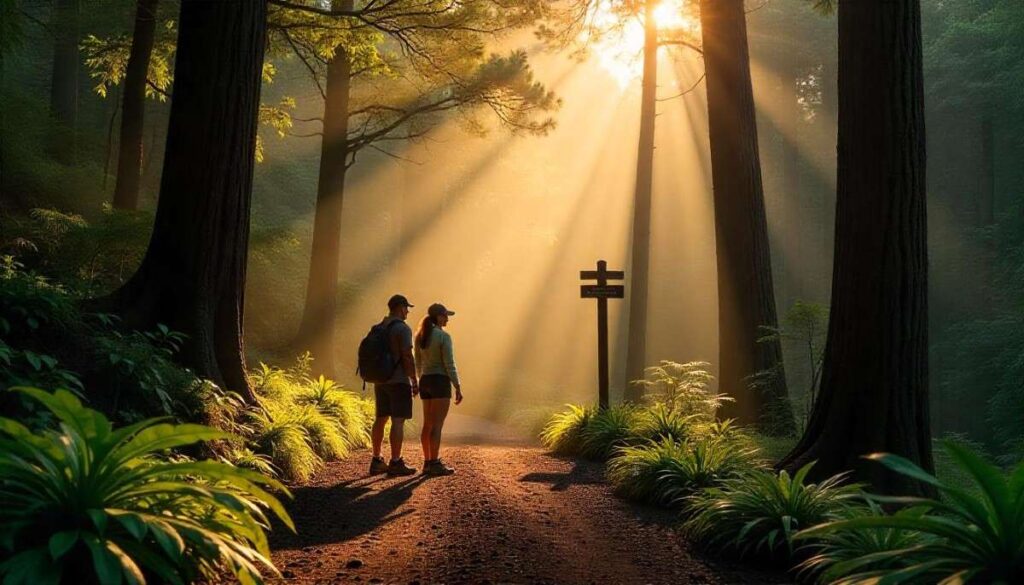 Hikers consulting map on fern‑lined ‘Olinda Forest Recreation Loop trail beneath tall trees.