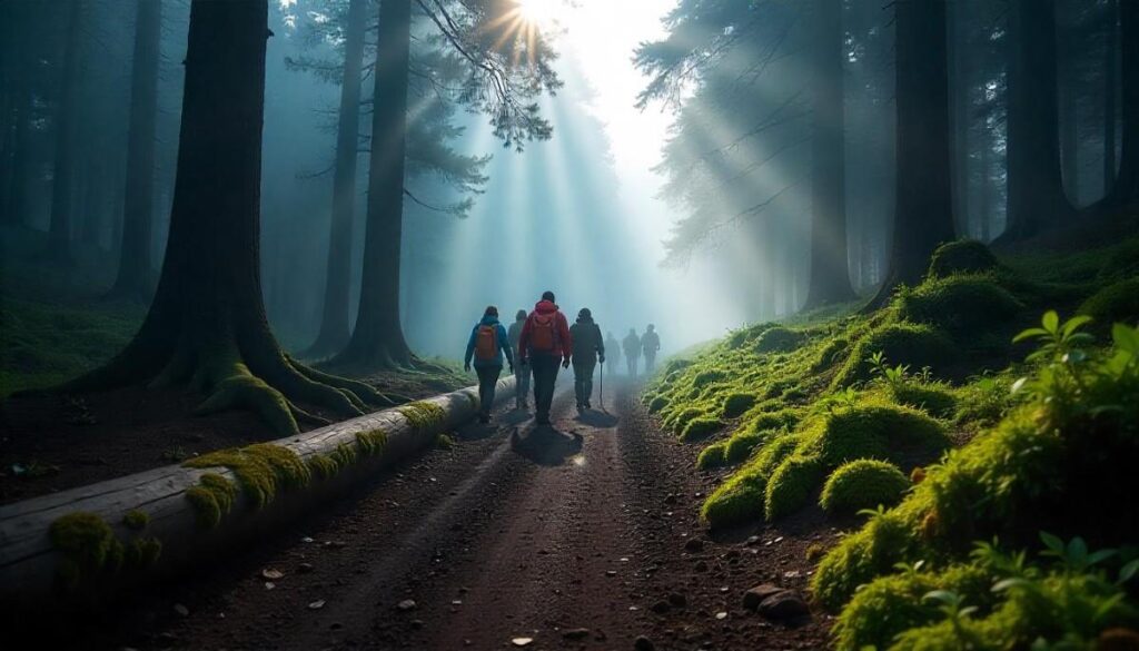 Misty eucalyptus forest on Polipoli Trail with hikers in colorful jackets.