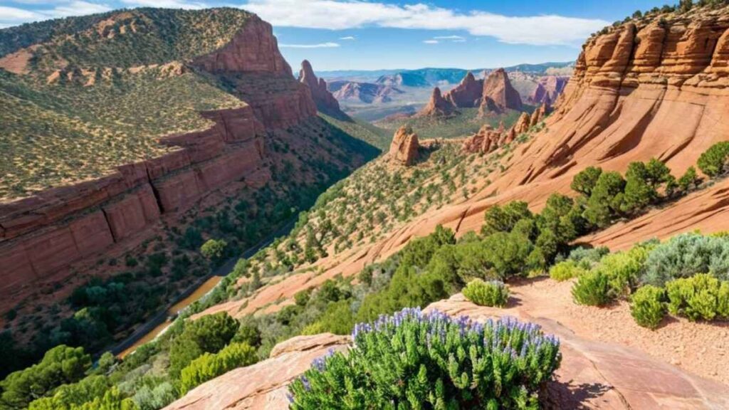 A scenic hiking trail near Denver, Colorado, showcasing dramatic rock formations, open meadows, and winding forest paths on the Red Rocks Trail