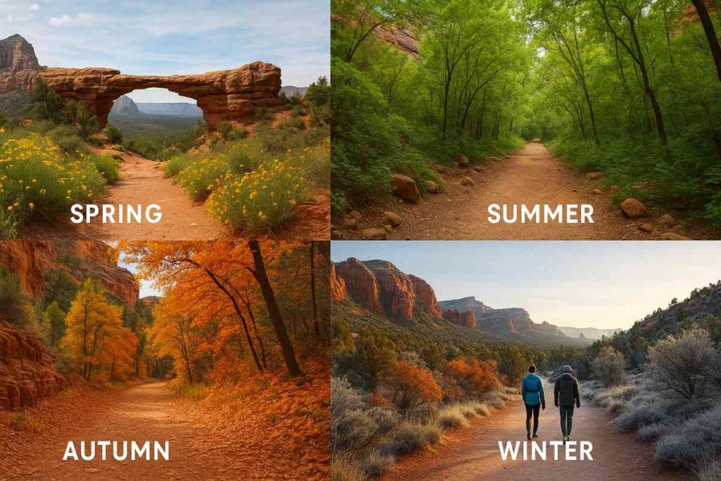 Four-season collage of Sedona hikes: spring wildflowers, summer shade, autumn foliage, and winter frost.