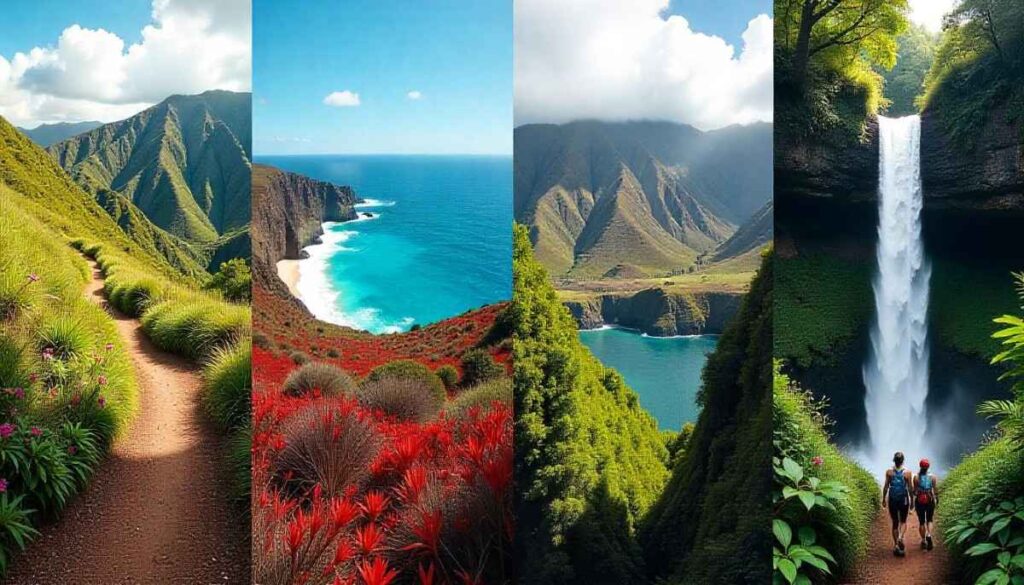Four‑panel collage of spring wildflowers, summer coast, autumn summit, and winter rainforest trails on Oahu.