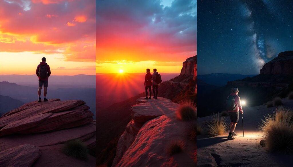 Triptych of Sedona hikes: sunrise at Cathedral Rock, sunset at Bell Rock, and night hike on Airport Mesa.