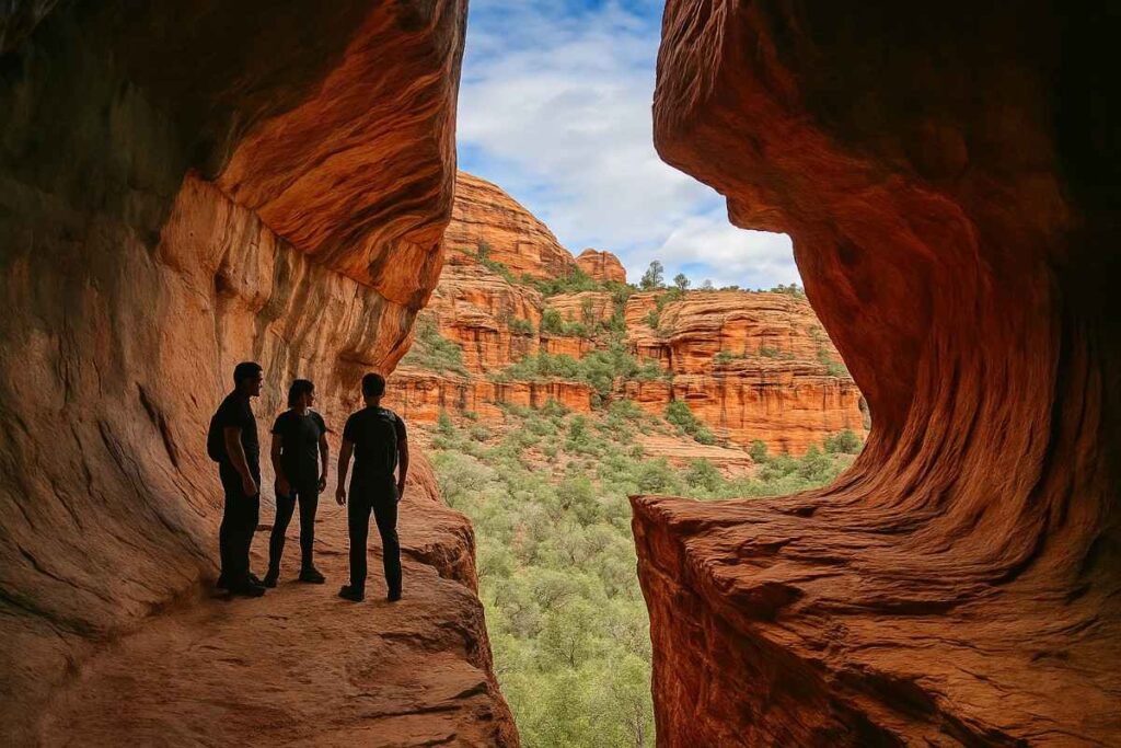 Adventurer with headlamp exploring Subway Cave alcove on Long Canyon Trail in Sedona