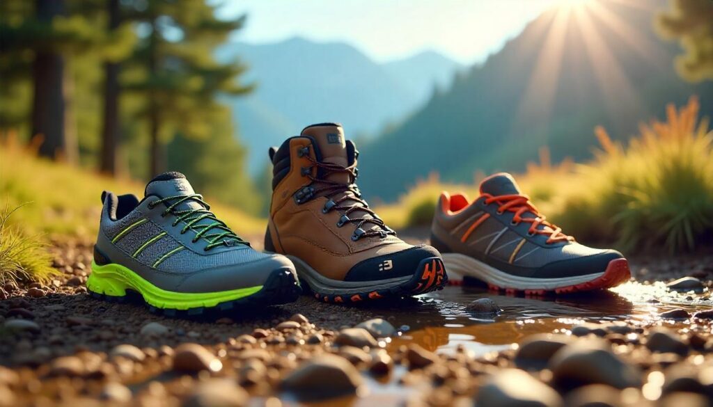“Lightweight trail shoes, a crampon-ready mountaineering boot, and waterproof versus breathable hiking shoes displayed on a pine-needle forest floor.”