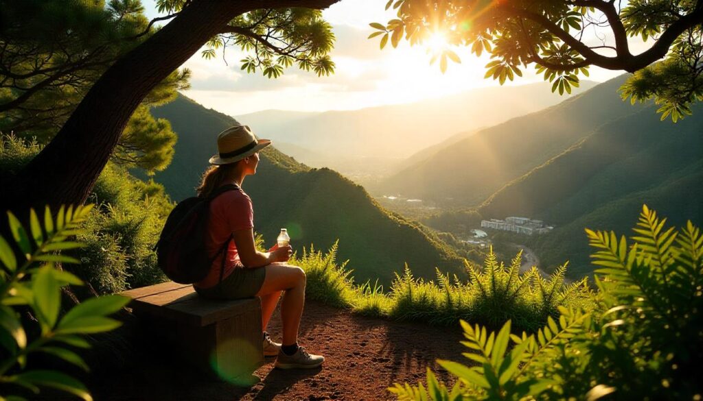 Solo hiker on Waʻahila Ridge Trail with city skyline and mountain valley views.