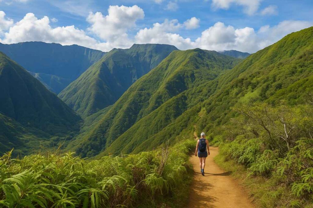 Mid‑morning view from Waiheʻe Ridge Trail showing hiker overlooking lush valley and Pacific Ocean.